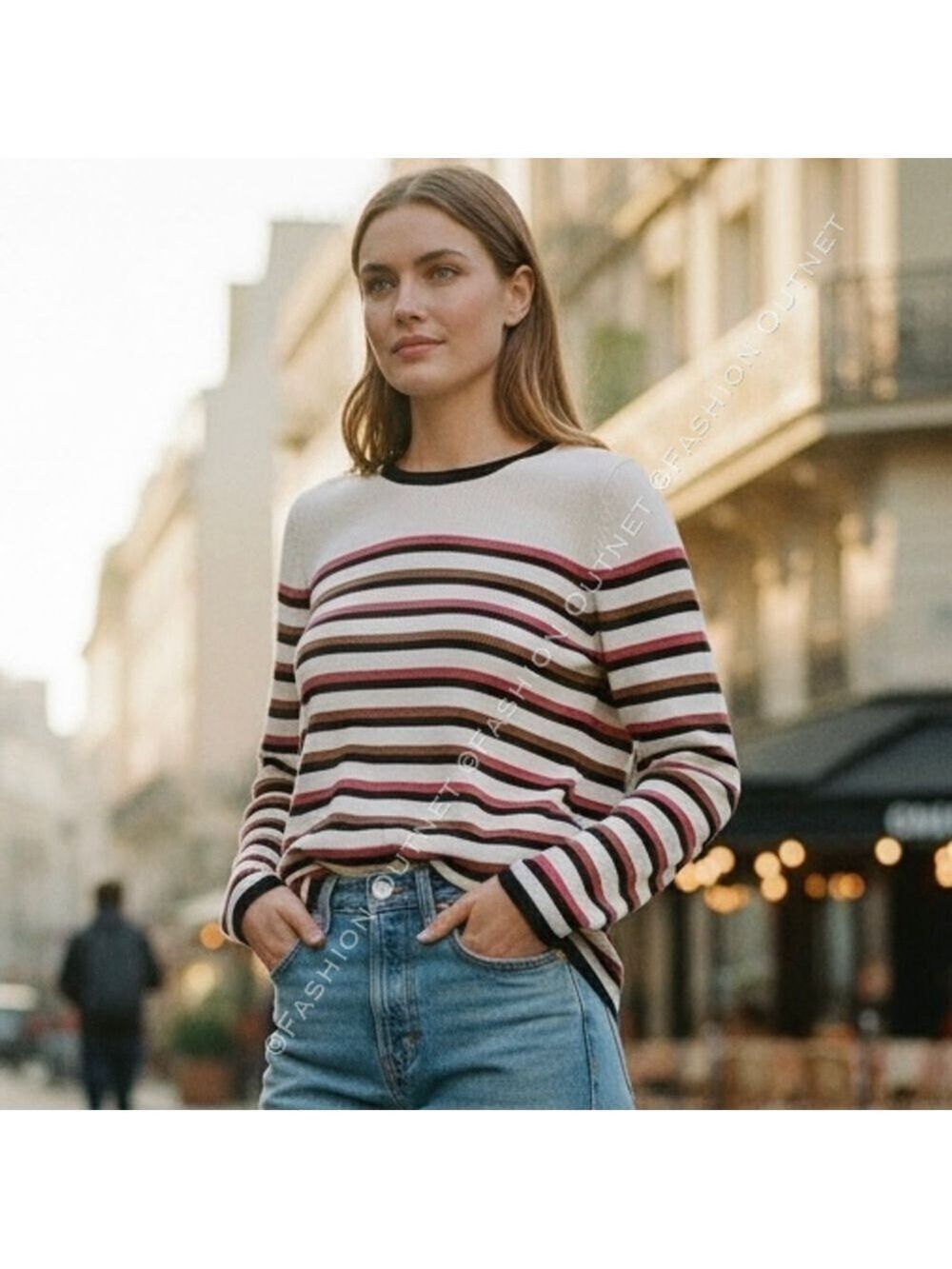 Massimo Dutti Silk Cotton Striped long sleeve Top minimalist Sz L Quiet Luxury